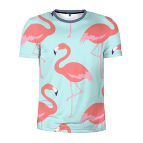 Мужская футболка 3D спортивная с принтом Flamingos pattern в Новосибирске, 100% полиэстер с улучшенными характеристиками | приталенный силуэт, круглая горловина, широкие плечи, сужается к линии бедра | Тематика изображения на принте: animals | beautiful | bird | birds | birdy | blue | color | flamingo | nature | wild | белое | голубое | животные | красивое | красота | милое | природа | птица | птицы | птичка | птички | синее | фламинго | цвет | яркое