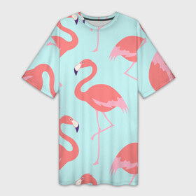 Платье-футболка 3D с принтом Flamingos pattern в Новосибирске,  |  | Тематика изображения на принте: animals | beautiful | bird | birds | birdy | blue | color | flamingo | nature | wild | белое | голубое | животные | красивое | красота | милое | природа | птица | птицы | птичка | птички | синее | фламинго | цвет | яркое