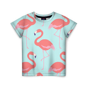 Детская футболка 3D с принтом Flamingos pattern в Новосибирске, 100% гипоаллергенный полиэфир | прямой крой, круглый вырез горловины, длина до линии бедер, чуть спущенное плечо, ткань немного тянется | animals | beautiful | bird | birds | birdy | blue | color | flamingo | nature | wild | белое | голубое | животные | красивое | красота | милое | природа | птица | птицы | птичка | птички | синее | фламинго | цвет | яркое