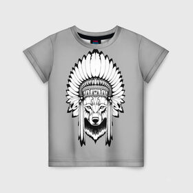 Детская футболка 3D с принтом Indian wolf в Новосибирске, 100% гипоаллергенный полиэфир | прямой крой, круглый вырез горловины, длина до линии бедер, чуть спущенное плечо, ткань немного тянется | indian | wolf | волк | голова животного | индеец | перья