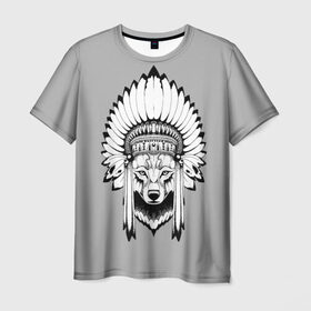 Мужская футболка 3D с принтом Indian wolf в Новосибирске, 100% полиэфир | прямой крой, круглый вырез горловины, длина до линии бедер | Тематика изображения на принте: indian | wolf | волк | голова животного | индеец | перья