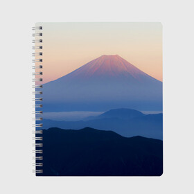 Тетрадь с принтом Фудзияма в Новосибирске, 100% бумага | 48 листов, плотность листов — 60 г/м2, плотность картонной обложки — 250 г/м2. Листы скреплены сбоку удобной пружинной спиралью. Уголки страниц и обложки скругленные. Цвет линий — светло-серый
 | Тематика изображения на принте: fuji | вулкан | горы | рассвет | солнце | туман | утро | япония