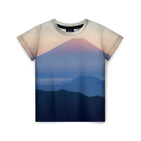 Детская футболка 3D с принтом Фудзияма в Новосибирске, 100% гипоаллергенный полиэфир | прямой крой, круглый вырез горловины, длина до линии бедер, чуть спущенное плечо, ткань немного тянется | Тематика изображения на принте: fuji | вулкан | горы | рассвет | солнце | туман | утро | япония