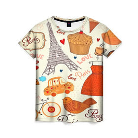 Женская футболка 3D с принтом Paris pattern в Новосибирске, 100% полиэфир ( синтетическое хлопкоподобное полотно) | прямой крой, круглый вырез горловины, длина до линии бедер | 3d | love | арт | еда | любовь | надписи | париж | паттерн | птицы | сердечки | текстура