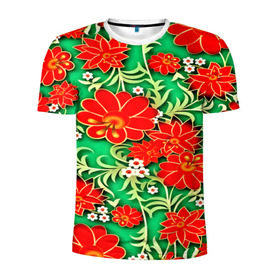 Мужская футболка 3D спортивная с принтом Узор из цветов в Новосибирске, 100% полиэстер с улучшенными характеристиками | приталенный силуэт, круглая горловина, широкие плечи, сужается к линии бедра | Тематика изображения на принте: 3d | арт | астры | красные | ромашки | узор | цветы