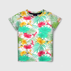 Детская футболка 3D с принтом Tropical pattern в Новосибирске, 100% гипоаллергенный полиэфир | прямой крой, круглый вырез горловины, длина до линии бедер, чуть спущенное плечо, ткань немного тянется | Тематика изображения на принте: 3d | арт | лето | пальмы | текстура | тропический | узор | цветы