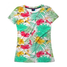 Женская футболка 3D с принтом Tropical pattern в Новосибирске, 100% полиэфир ( синтетическое хлопкоподобное полотно) | прямой крой, круглый вырез горловины, длина до линии бедер | Тематика изображения на принте: 3d | арт | лето | пальмы | текстура | тропический | узор | цветы