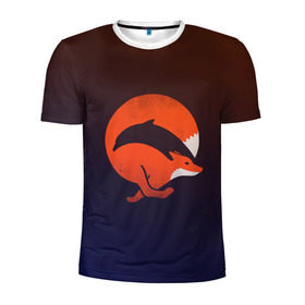 Мужская футболка 3D спортивная с принтом Лисица и дельфин в Новосибирске, 100% полиэстер с улучшенными характеристиками | приталенный силуэт, круглая горловина, широкие плечи, сужается к линии бедра | fox | два в одном | животное | зверь | красивая | лис | лиса | лисенок | лисица | лисичка | мех | патрикеевна | плутовка | прикольная | природа | рисунок | рыба | рыжая | рыжий цвет | сказка | хвост | хитрая