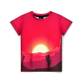 Детская футболка 3D с принтом Gorgeous sunset в Новосибирске, 100% гипоаллергенный полиэфир | прямой крой, круглый вырез горловины, длина до линии бедер, чуть спущенное плечо, ткань немного тянется | 3d | арт | дикий запад | закат | кактус | природа | солнце