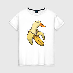 Женская футболка хлопок с принтом утка банан в Новосибирске, 100% хлопок | прямой крой, круглый вырез горловины, длина до линии бедер, слегка спущенное плечо | Тематика изображения на принте: banana | duck | meme | банан | мем | утка