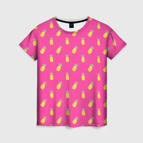 Женская футболка 3D с принтом Ананасы в Новосибирске, 100% полиэфир ( синтетическое хлопкоподобное полотно) | прямой крой, круглый вырез горловины, длина до линии бедер | акварель | ананас | арт | лето | орнамент | паттерн | розовый | тропики | узор | фрукт | фрукты