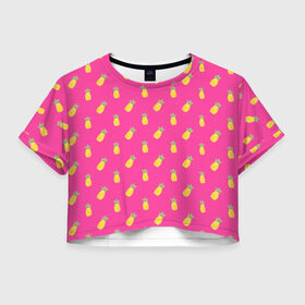 Женская футболка 3D укороченная с принтом Ананасы в Новосибирске, 100% полиэстер | круглая горловина, длина футболки до линии талии, рукава с отворотами | акварель | ананас | арт | лето | орнамент | паттерн | розовый | тропики | узор | фрукт | фрукты