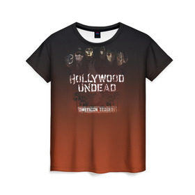 Женская футболка 3D с принтом Hollywood Undead 2 в Новосибирске, 100% полиэфир ( синтетическое хлопкоподобное полотно) | прямой крой, круглый вырез горловины, длина до линии бедер | hollywood undead | голливудская нежить