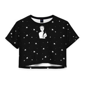 Женская футболка 3D укороченная с принтом Чай Космос в Новосибирске, 100% полиэстер | круглая горловина, длина футболки до линии талии, рукава с отворотами | звезды | корабль | космонавт | кофе | мужчина | небо | ночь | парень | черно белый | эмоции