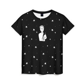 Женская футболка 3D с принтом Чай Космос в Новосибирске, 100% полиэфир ( синтетическое хлопкоподобное полотно) | прямой крой, круглый вырез горловины, длина до линии бедер | звезды | корабль | космонавт | кофе | мужчина | небо | ночь | парень | черно белый | эмоции