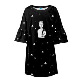 Детское платье 3D с принтом Чай Космос в Новосибирске, 100% полиэстер | прямой силуэт, чуть расширенный к низу. Круглая горловина, на рукавах — воланы | звезды | корабль | космонавт | кофе | мужчина | небо | ночь | парень | черно белый | эмоции