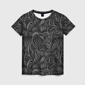 Женская футболка 3D с принтом Черные Волны в Новосибирске, 100% полиэфир ( синтетическое хлопкоподобное полотно) | прямой крой, круглый вырез горловины, длина до линии бедер | абстракция | вензель | волосы | геометрия | графика | завитки | искусство | карандаш | линии | листья | метель | плавный | рисование | стиль | тонкий | узор | цветы | черно белый | чертеж | щупальца