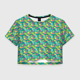 Женская футболка 3D укороченная с принтом Гаваи в Новосибирске, 100% полиэстер | круглая горловина, длина футболки до линии талии, рукава с отворотами | aloha | fruits | hawaii | summer | ананас | арбуз | гаваи | пальмы | пляж | солнце | тропики | фламинго | флорида | фрукты