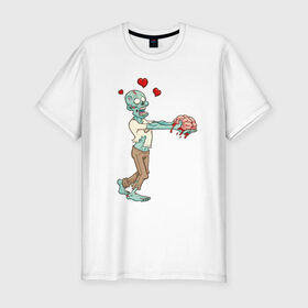 Мужская футболка премиум с принтом Zombie love в Новосибирске, 92% хлопок, 8% лайкра | приталенный силуэт, круглый вырез ворота, длина до линии бедра, короткий рукав | brain | heart | love | zombie | зомби | любовь | мозги | сердце