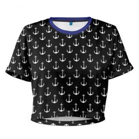 Женская футболка 3D укороченная с принтом Якорьки в Новосибирске, 100% полиэстер | круглая горловина, длина футболки до линии талии, рукава с отворотами | Тематика изображения на принте: 3d | арт | лето | море | морские | текстура | черно белые | якорь