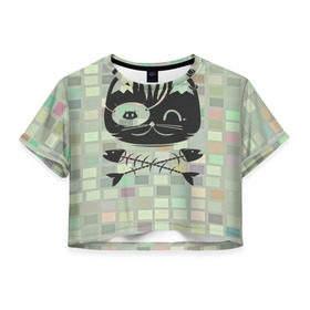 Женская футболка 3D укороченная с принтом Пиратский кот в Новосибирске, 100% полиэстер | круглая горловина, длина футболки до линии талии, рукава с отворотами | 3d | арт | животные | кости | кот | кубики | пират | текстуры | череп