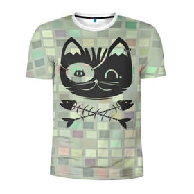 Мужская футболка 3D спортивная с принтом Пиратский кот в Новосибирске, 100% полиэстер с улучшенными характеристиками | приталенный силуэт, круглая горловина, широкие плечи, сужается к линии бедра | Тематика изображения на принте: 3d | арт | животные | кости | кот | кубики | пират | текстуры | череп