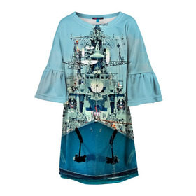 Детское платье 3D с принтом Сторожевой корабль в Новосибирске, 100% полиэстер | прямой силуэт, чуть расширенный к низу. Круглая горловина, на рукавах — воланы | Тематика изображения на принте: 3d | море | севастополь | сторожевой корабль | судно | черноморский флот
