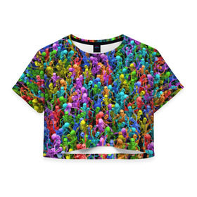 Женская футболка 3D укороченная с принтом Разноцветные скелеты в Новосибирске, 100% полиэстер | круглая горловина, длина футболки до линии талии, рукава с отворотами | Тематика изображения на принте: паттерн | разноцветный | скелет | яркий