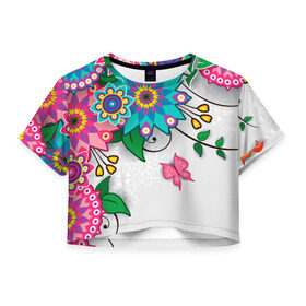 Женская футболка 3D укороченная с принтом Розовая бабочка в Новосибирске, 100% полиэстер | круглая горловина, длина футболки до линии талии, рукава с отворотами | лепестки | листья | орнамент | сад | узор | цветочки | цветы. бабочка