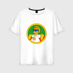 Женская футболка хлопок Oversize с принтом Раста-симпсоны в Новосибирске, 100% хлопок | свободный крой, круглый ворот, спущенный рукав, длина до линии бедер
 | homer | one love | simpson | simpsons | simson | the simpsoms | гомер | крутой | растаман | симпсон | симпсоны | хиппи