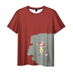 Мужская футболка 3D с принтом Рыжая красит в красный в Новосибирске, 100% полиэфир | прямой крой, круглый вырез горловины, длина до линии бедер |  банка | девушка | женщина | капли | кисточка | кисть | краска | красная | маляр | мульт | мультяшка | недокрашенная | прикол | рыжеволосая | следы | строитель