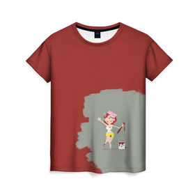 Женская футболка 3D с принтом Рыжая красит в красный в Новосибирске, 100% полиэфир ( синтетическое хлопкоподобное полотно) | прямой крой, круглый вырез горловины, длина до линии бедер |  банка | девушка | женщина | капли | кисточка | кисть | краска | красная | маляр | мульт | мультяшка | недокрашенная | прикол | рыжеволосая | следы | строитель