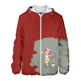 Мужская куртка 3D с принтом Рыжая красит в красный в Новосибирске, ткань верха — 100% полиэстер, подклад — флис | прямой крой, подол и капюшон оформлены резинкой с фиксаторами, два кармана без застежек по бокам, один большой потайной карман на груди. Карман на груди застегивается на липучку | Тематика изображения на принте:  банка | девушка | женщина | капли | кисточка | кисть | краска | красная | маляр | мульт | мультяшка | недокрашенная | прикол | рыжеволосая | следы | строитель