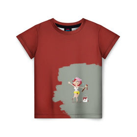 Детская футболка 3D с принтом Рыжая красит в красный в Новосибирске, 100% гипоаллергенный полиэфир | прямой крой, круглый вырез горловины, длина до линии бедер, чуть спущенное плечо, ткань немного тянется |  банка | девушка | женщина | капли | кисточка | кисть | краска | красная | маляр | мульт | мультяшка | недокрашенная | прикол | рыжеволосая | следы | строитель
