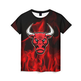 Женская футболка 3D с принтом Angry bull в Новосибирске, 100% полиэфир ( синтетическое хлопкоподобное полотно) | прямой крой, круглый вырез горловины, длина до линии бедер | 3d | angry bull | in fire | бык | в огне | дым | животные | мощь | огненный | огонь | пламя | пожар | сила | стихия