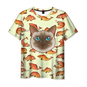 Мужская футболка 3D с принтом Котик в рыбках! в Новосибирске, 100% полиэфир | прямой крой, круглый вырез горловины, длина до линии бедер | животные | коты | котэ | котята | милые животные | прикольные | рыба | рыбки | цветные | яркие