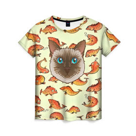 Женская футболка 3D с принтом Котик в рыбках! в Новосибирске, 100% полиэфир ( синтетическое хлопкоподобное полотно) | прямой крой, круглый вырез горловины, длина до линии бедер | животные | коты | котэ | котята | милые животные | прикольные | рыба | рыбки | цветные | яркие