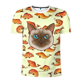 Мужская футболка 3D спортивная с принтом Котик в рыбках! в Новосибирске, 100% полиэстер с улучшенными характеристиками | приталенный силуэт, круглая горловина, широкие плечи, сужается к линии бедра | животные | коты | котэ | котята | милые животные | прикольные | рыба | рыбки | цветные | яркие