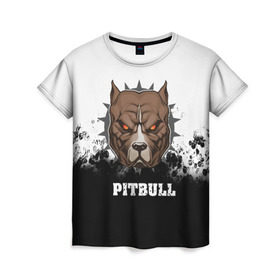 Женская футболка 3D с принтом Pitbull в Новосибирске, 100% полиэфир ( синтетическое хлопкоподобное полотно) | прямой крой, круглый вырез горловины, длина до линии бедер | 3d | dog | pitbull | абстракция | животные | краска | собака | черно белый