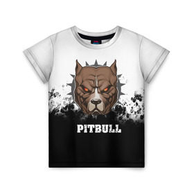 Детская футболка 3D с принтом Pitbull в Новосибирске, 100% гипоаллергенный полиэфир | прямой крой, круглый вырез горловины, длина до линии бедер, чуть спущенное плечо, ткань немного тянется | Тематика изображения на принте: 3d | dog | pitbull | абстракция | животные | краска | собака | черно белый