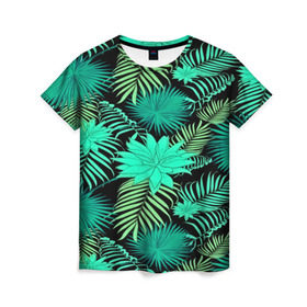 Женская футболка 3D с принтом Tropical pattern в Новосибирске, 100% полиэфир ( синтетическое хлопкоподобное полотно) | прямой крой, круглый вырез горловины, длина до линии бедер | 3d | арт | лето | листья | пальмы | текстура | узор | цветы