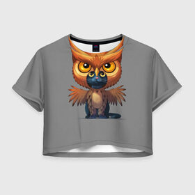 Женская футболка 3D укороченная с принтом Совокот в Новосибирске, 100% полиэстер | круглая горловина, длина футболки до линии талии, рукава с отворотами | cat | craft the world | owl | кот | кошка | птица | сова