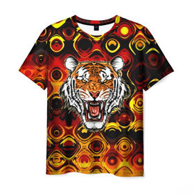 Мужская футболка 3D с принтом Тигр в Новосибирске, 100% полиэфир | прямой крой, круглый вырез горловины, длина до линии бедер | Тематика изображения на принте: 3d | abstraction | tiger | абстракция | голова животного | клыки | котята | кошки | крик | полосатый | тигр