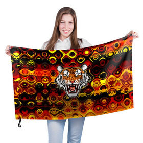 Флаг 3D с принтом Тигр в Новосибирске, 100% полиэстер | плотность ткани — 95 г/м2, размер — 67 х 109 см. Принт наносится с одной стороны | Тематика изображения на принте: 3d | abstraction | tiger | абстракция | голова животного | клыки | котята | кошки | крик | полосатый | тигр