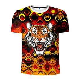 Мужская футболка 3D спортивная с принтом Тигр в Новосибирске, 100% полиэстер с улучшенными характеристиками | приталенный силуэт, круглая горловина, широкие плечи, сужается к линии бедра | 3d | abstraction | tiger | абстракция | голова животного | клыки | котята | кошки | крик | полосатый | тигр