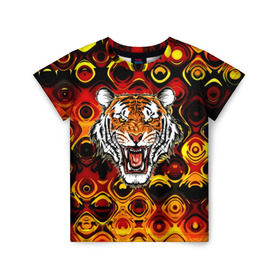 Детская футболка 3D с принтом Тигр в Новосибирске, 100% гипоаллергенный полиэфир | прямой крой, круглый вырез горловины, длина до линии бедер, чуть спущенное плечо, ткань немного тянется | 3d | abstraction | tiger | абстракция | голова животного | клыки | котята | кошки | крик | полосатый | тигр