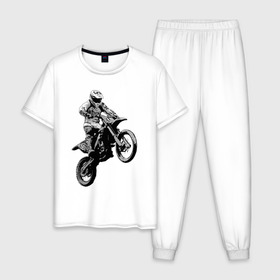 Мужская пижама хлопок с принтом Мотокросс в Новосибирске, 100% хлопок | брюки и футболка прямого кроя, без карманов, на брюках мягкая резинка на поясе и по низу штанин
 | 3d | арт | байк | краска | мотокросс | мотоцикл | прикольные | цветные