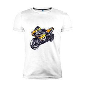 Мужская футболка премиум с принтом Yamaha R1 в Новосибирске, 92% хлопок, 8% лайкра | приталенный силуэт, круглый вырез ворота, длина до линии бедра, короткий рукав | 3d | r1 | yamaha | арт | байк | краска | мотокросс | мотоцикл | прикольные | цветные