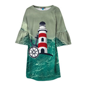 Детское платье 3D с принтом Морской в Новосибирске, 100% полиэстер | прямой силуэт, чуть расширенный к низу. Круглая горловина, на рукавах — воланы | Тематика изображения на принте: 3d | blue | брызги | вмф | вода | военный | волны | исторический | капли | корабль | лето | море | моряк | океан | природа | фрегат | шторм