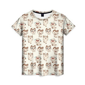 Женская футболка 3D с принтом Стикеры котик в Новосибирске, 100% полиэфир ( синтетическое хлопкоподобное полотно) | прямой крой, круглый вырез горловины, длина до линии бедер | vk | вк | вконтакте | кот | котик | стикеры